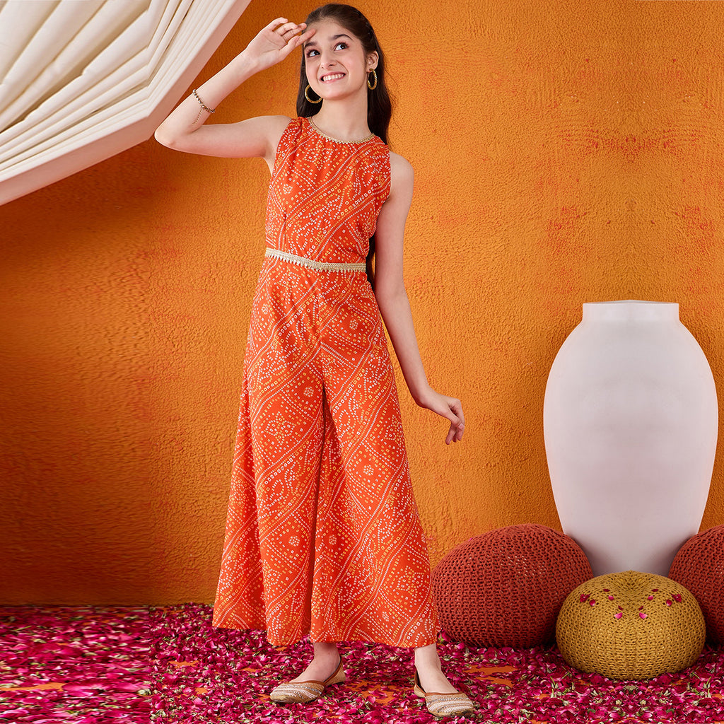 Girls Orange Printed Sleeveless Basic Jumpsuit Jumpsuits Orange 4-5 Y