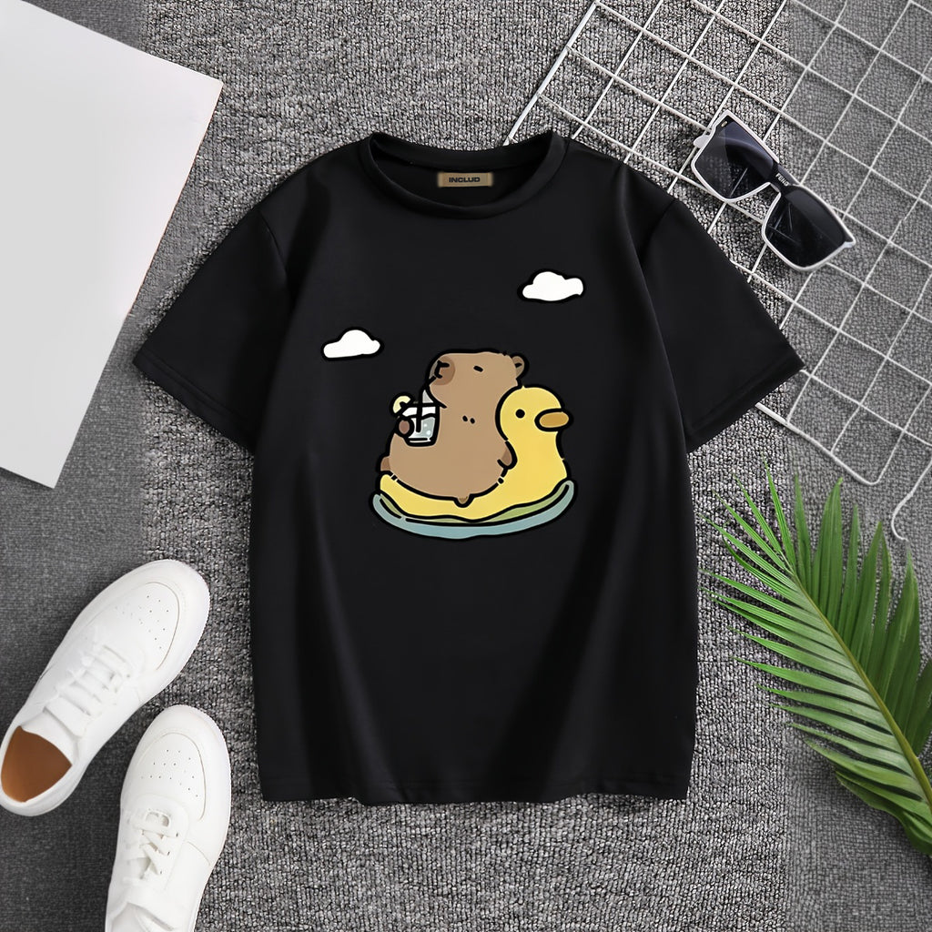 Boys Black Cute Animal Graphic Printed Short Sleeves T-Shirt Tshirts Black 5-6 Y