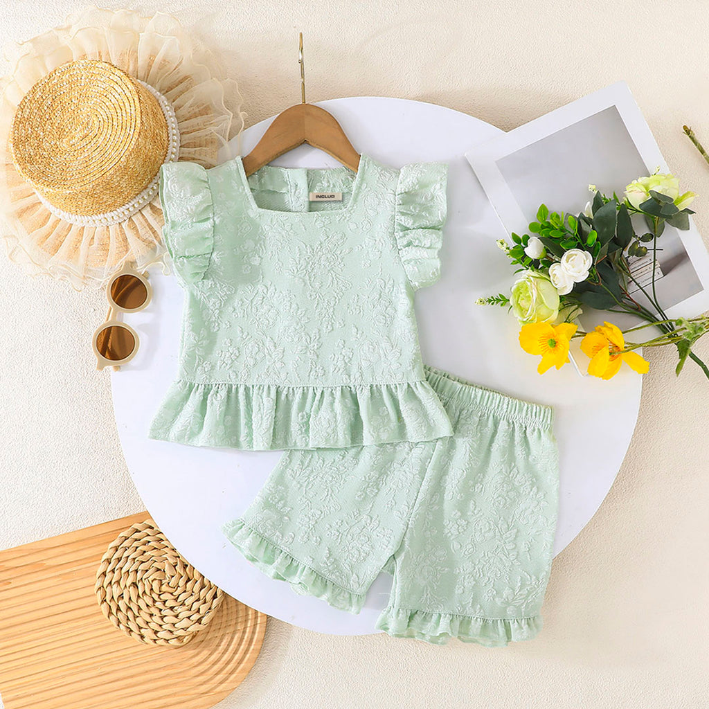 Girls Sea Green Floral Flutter Sleeves Square Neck Top With Shorts Set 2 pc. Sets Sea Green 3-4 Y