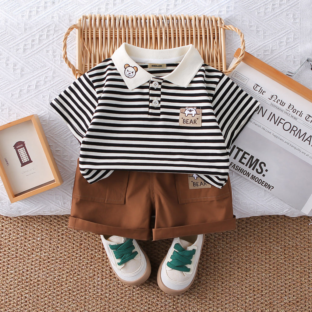 Boys Black Striped Bear Patch Short Sleeves Polo T-Shirt With Shorts Set 2 pc. Sets Black 1-2 Y