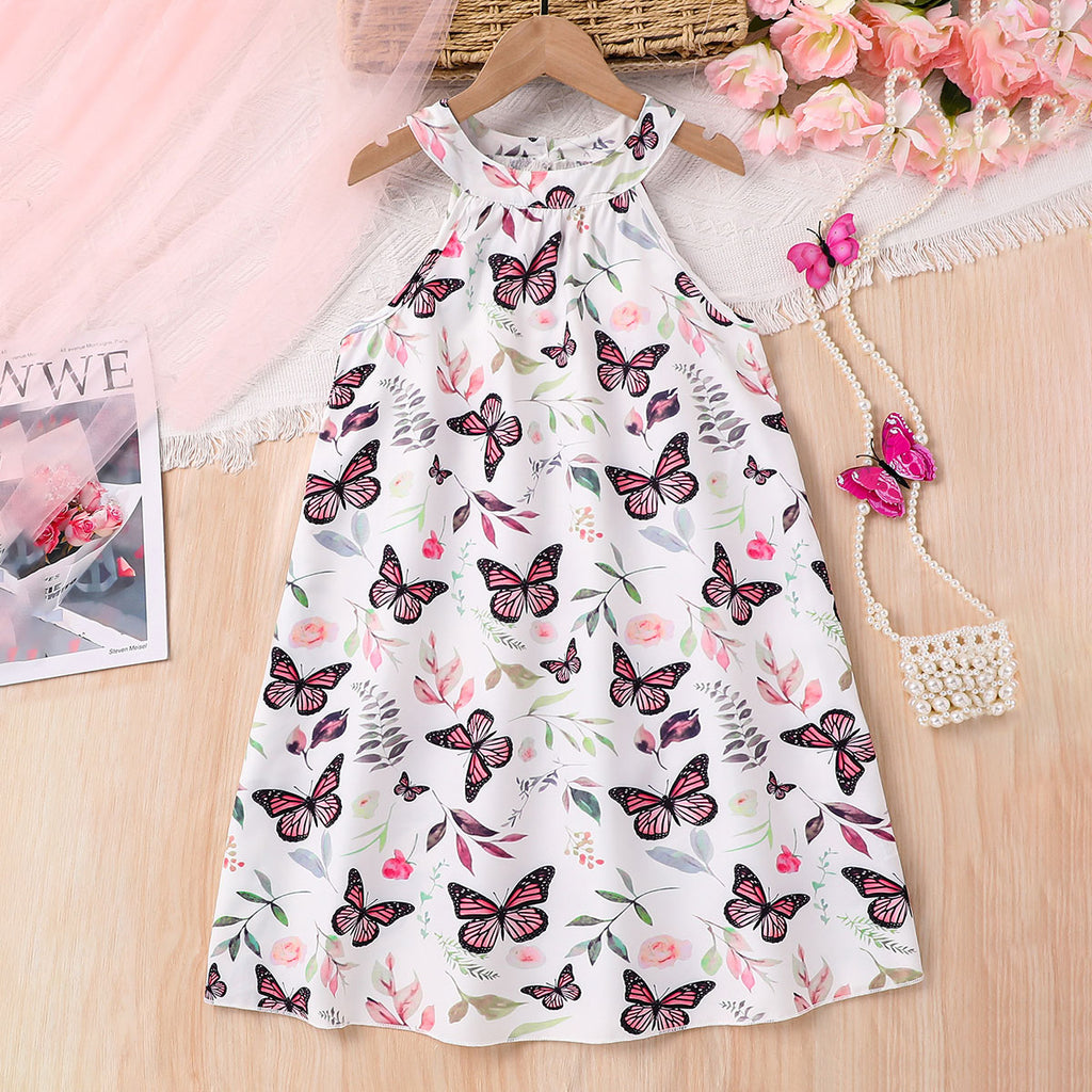 Girls White Butterfly Printed Halter Neck Casual Dress Casual Dresses
