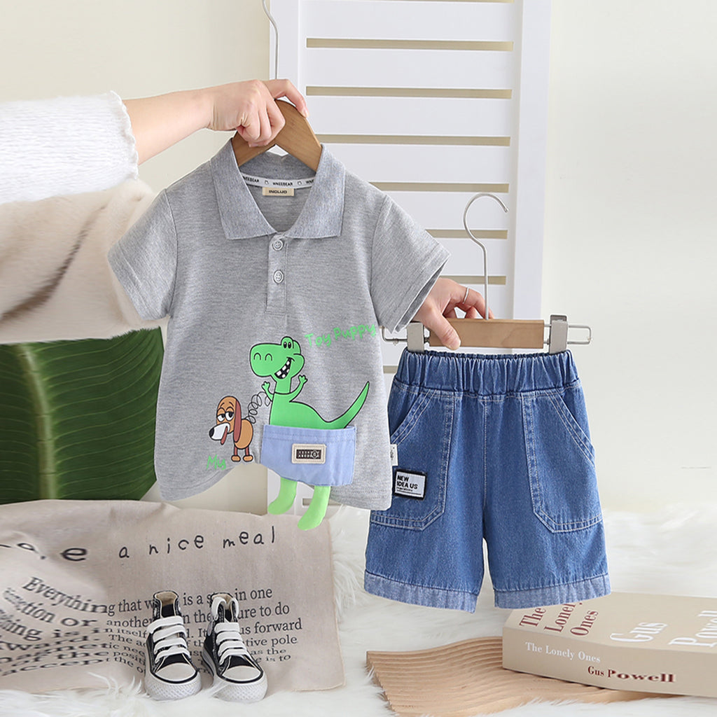 Boys Grey Graphic Short Sleeves Polo T-Shirt With Denim Shorts Set 2 pc. Sets Grey 1-2 Y