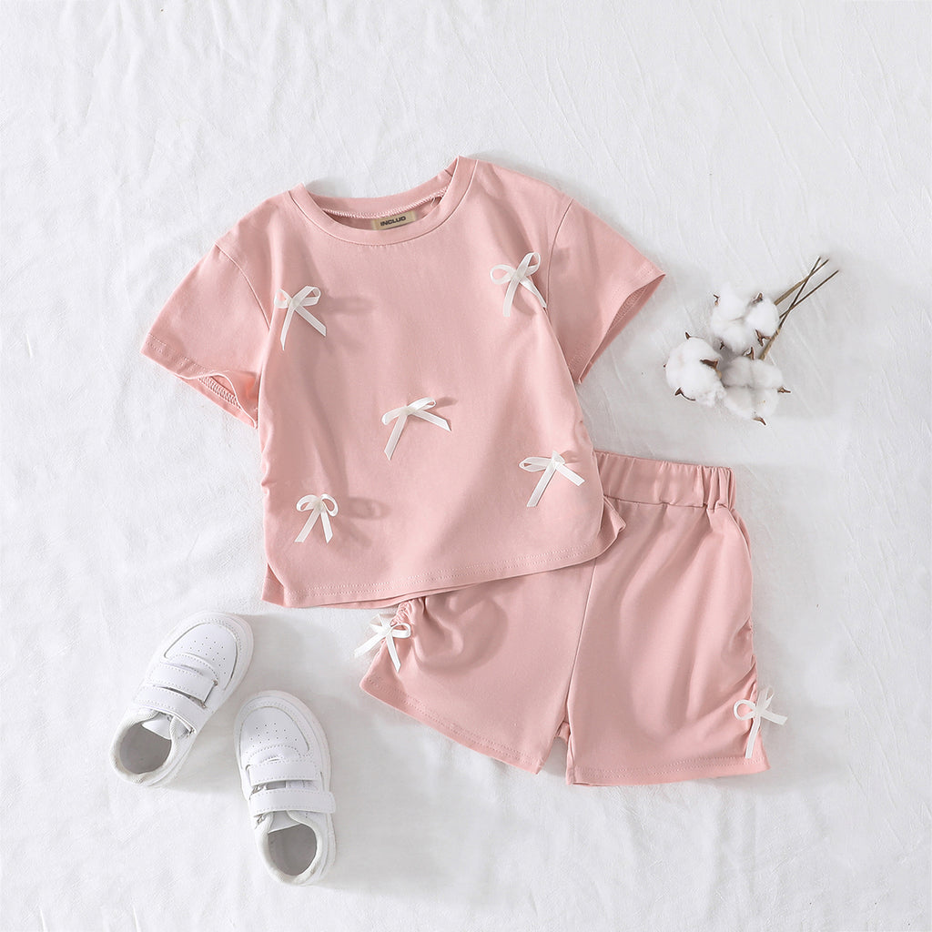 Girls Pink Bow Appliqued Short Sleeves Top With Shorts Set 2 pc. Sets Pink 3-4 Y