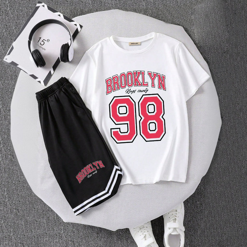 Boys White Alphanumeric Printed T-Shirt With Shorts Set 2 pc. Sets White 7-8 Y
