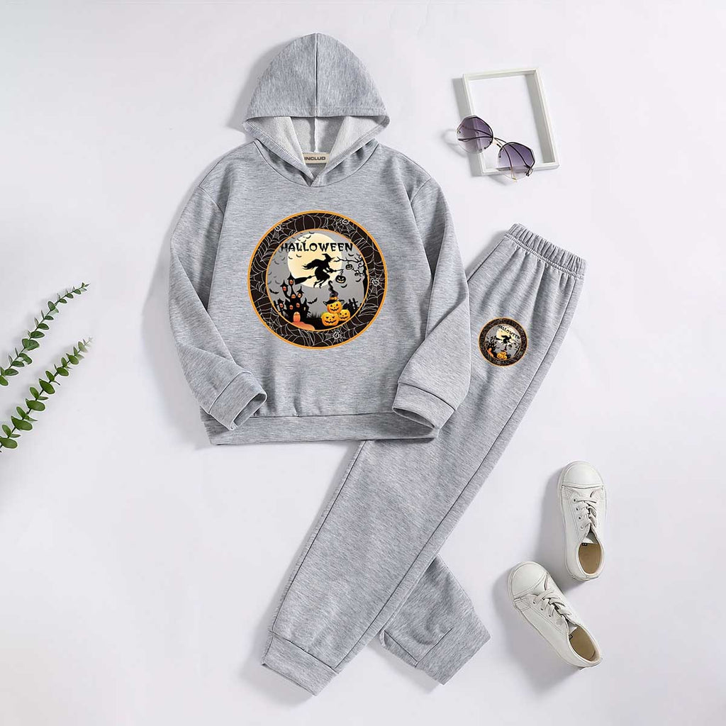 Boys Grey Graphics Halloween Printed Hooded Sweatshirt With Jogger Co-ord Set 2 pc. Sets Grey 7-8 Y