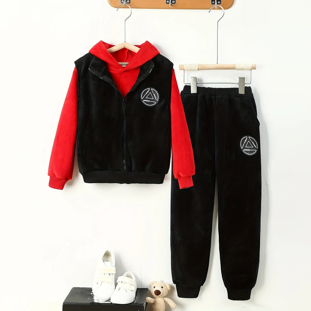 Boys Red Typographic Printed Hoodie With Sleeveless Jacket & Jogger Sets Sets Red 5-6 Y