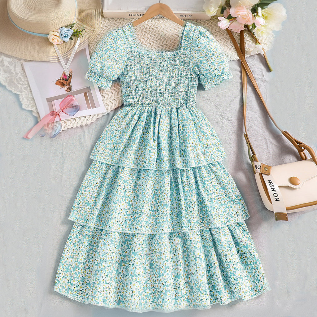 Girls Green Short Sleeve Floral Print Layered Dress Casual Dresses Green 8-9 Y
