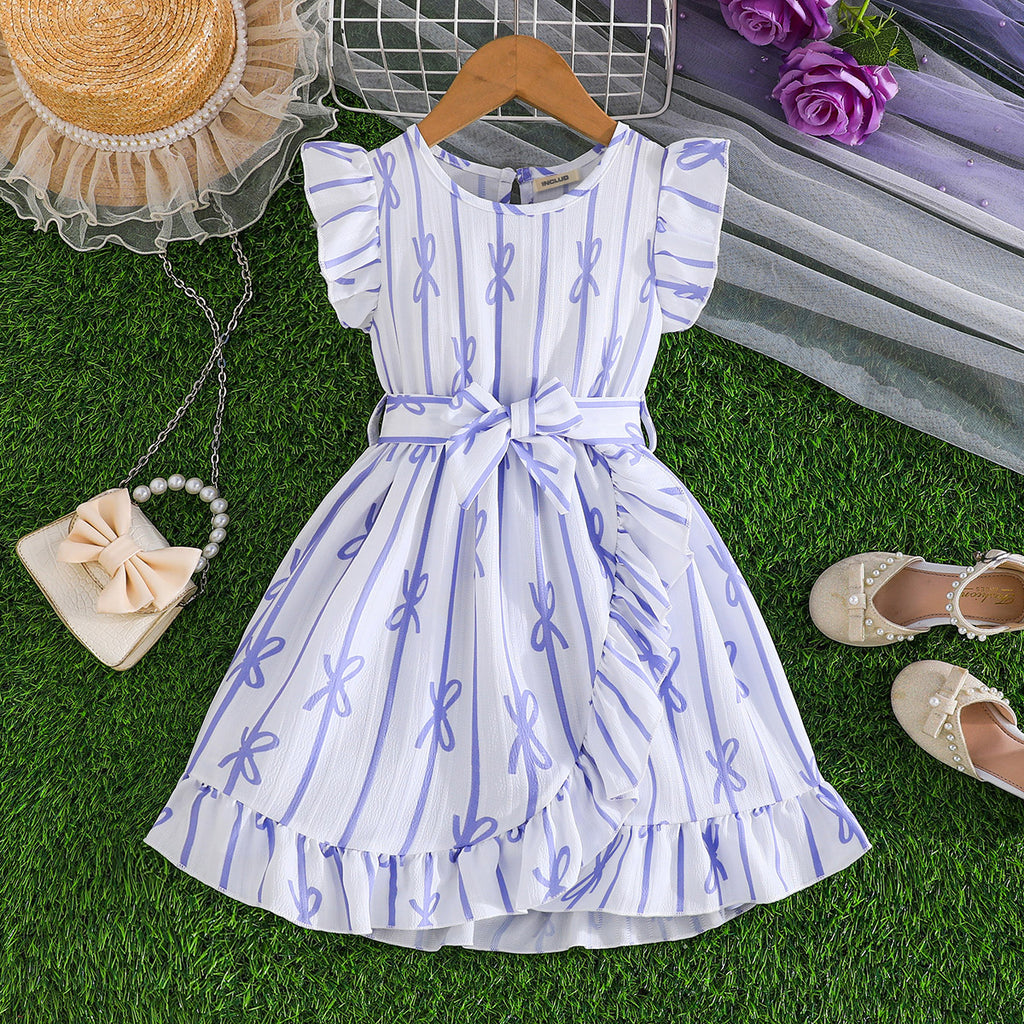 Girls Purple Striped Flutter Sleeves Fit And Flared Dress Casual Dresses Purple 3-4 Y