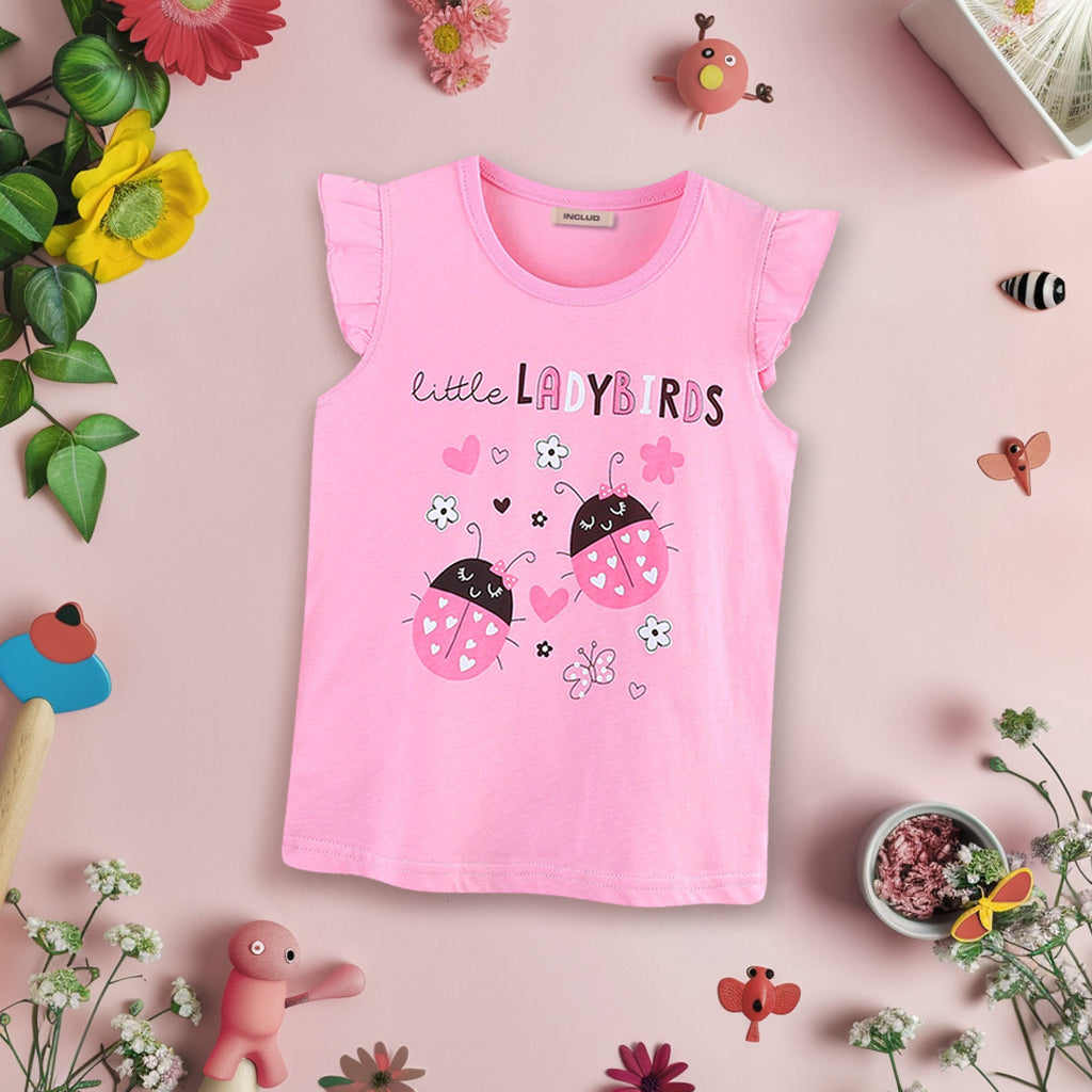 Girls Ladybird Printed Short Sleeves T-Shirt Tshirts Pink 1-2 Y 