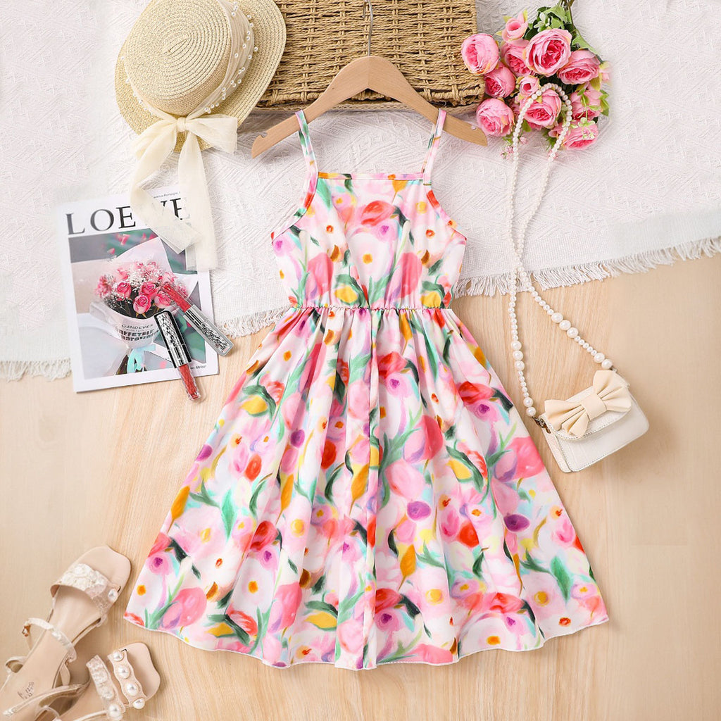 Girls Multicolor Floral Printed Sleeveless Fit & Flare Casual Dress Casual Dresses Multicolor 3-4 Y