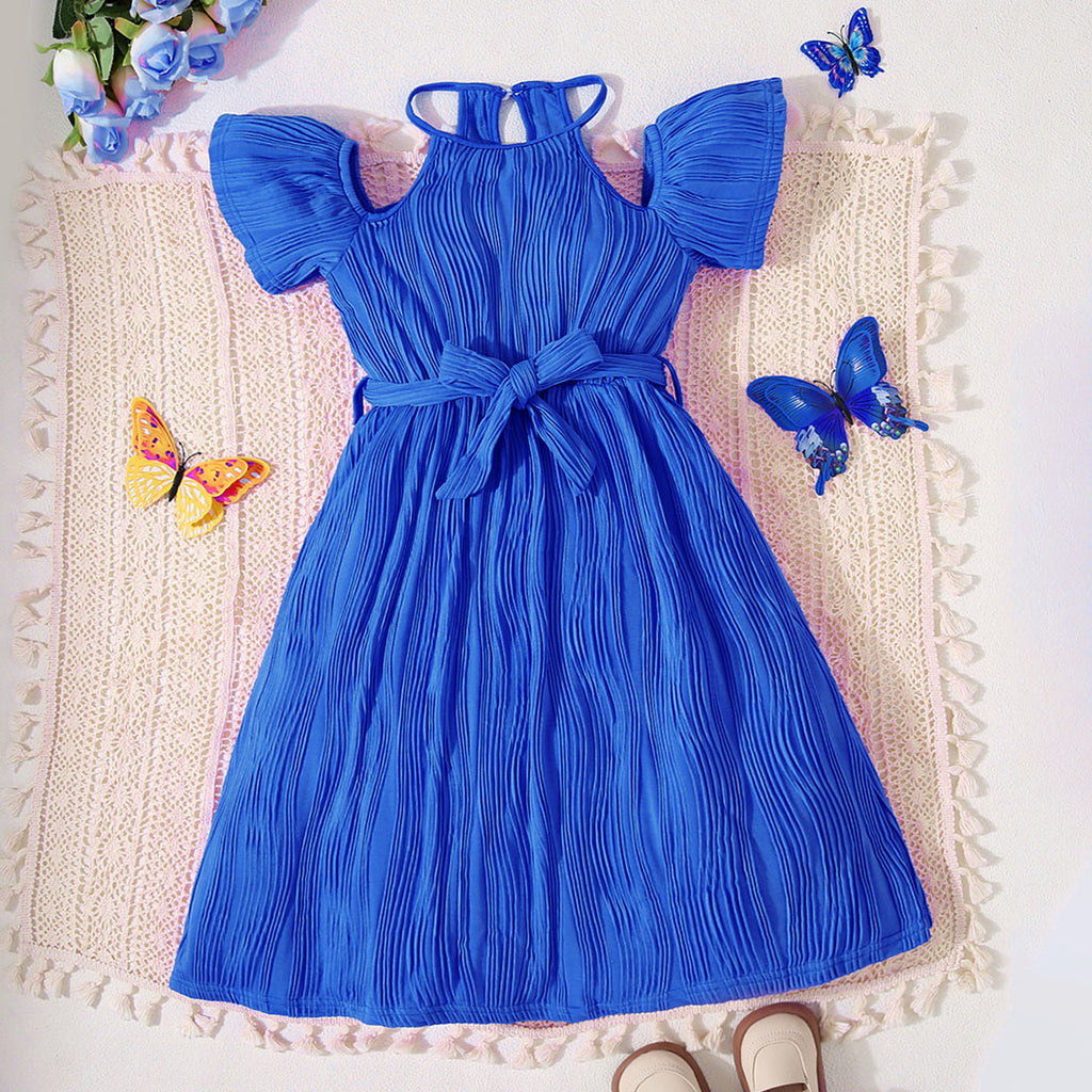 Girls Royal Blue Wave Textured Cold-Shoulder Casual Dress Casual Dresses Royal Blue 7-8 Y