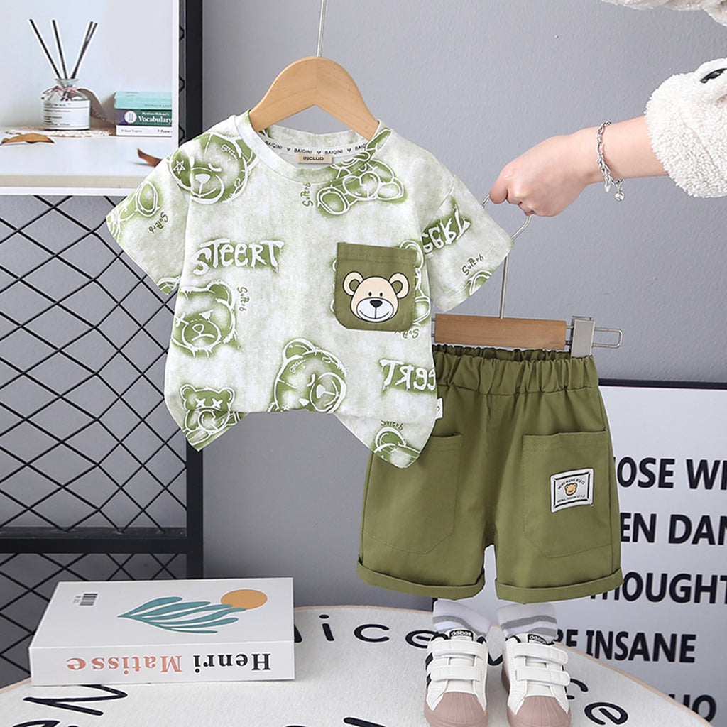 Boys Bear Printed Short Sleeves T-Shirt With Green Shorts Set 2 pc. Sets Green 1-2 Y