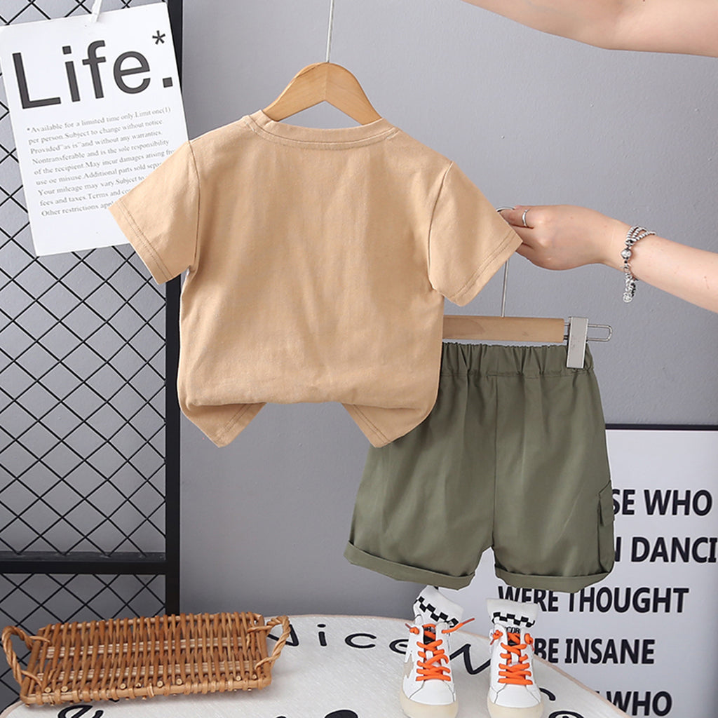 Boys Khaki Typographic Printed Short Sleeves Round Neck T-Shirt With Shorts Set 2 pc. Sets