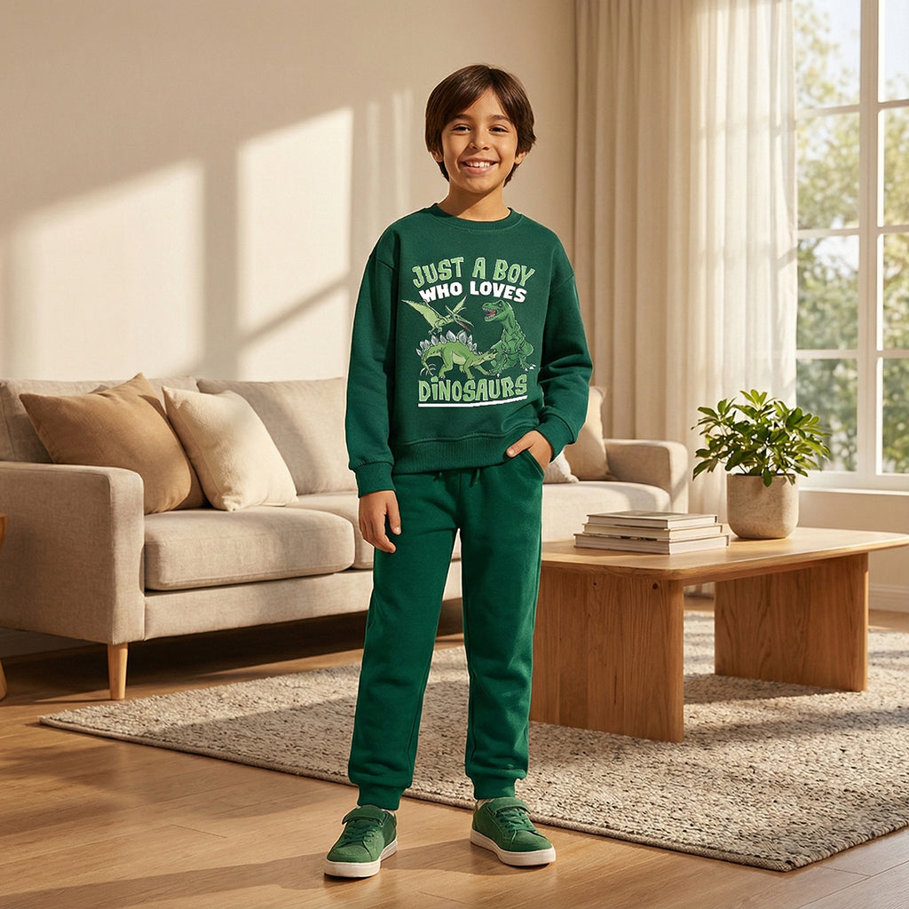 Boys Green Dinosaur Graphics Round Neck Sweatshirt With Joggers Sets 2 pc. Sets Green 1-2 Y