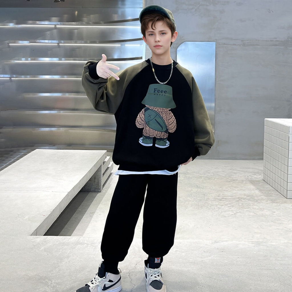 Boys Black Graphics Printed Sweatshirt With Joggers Winter Sets 2 pc. Sets Black 5-6 Y