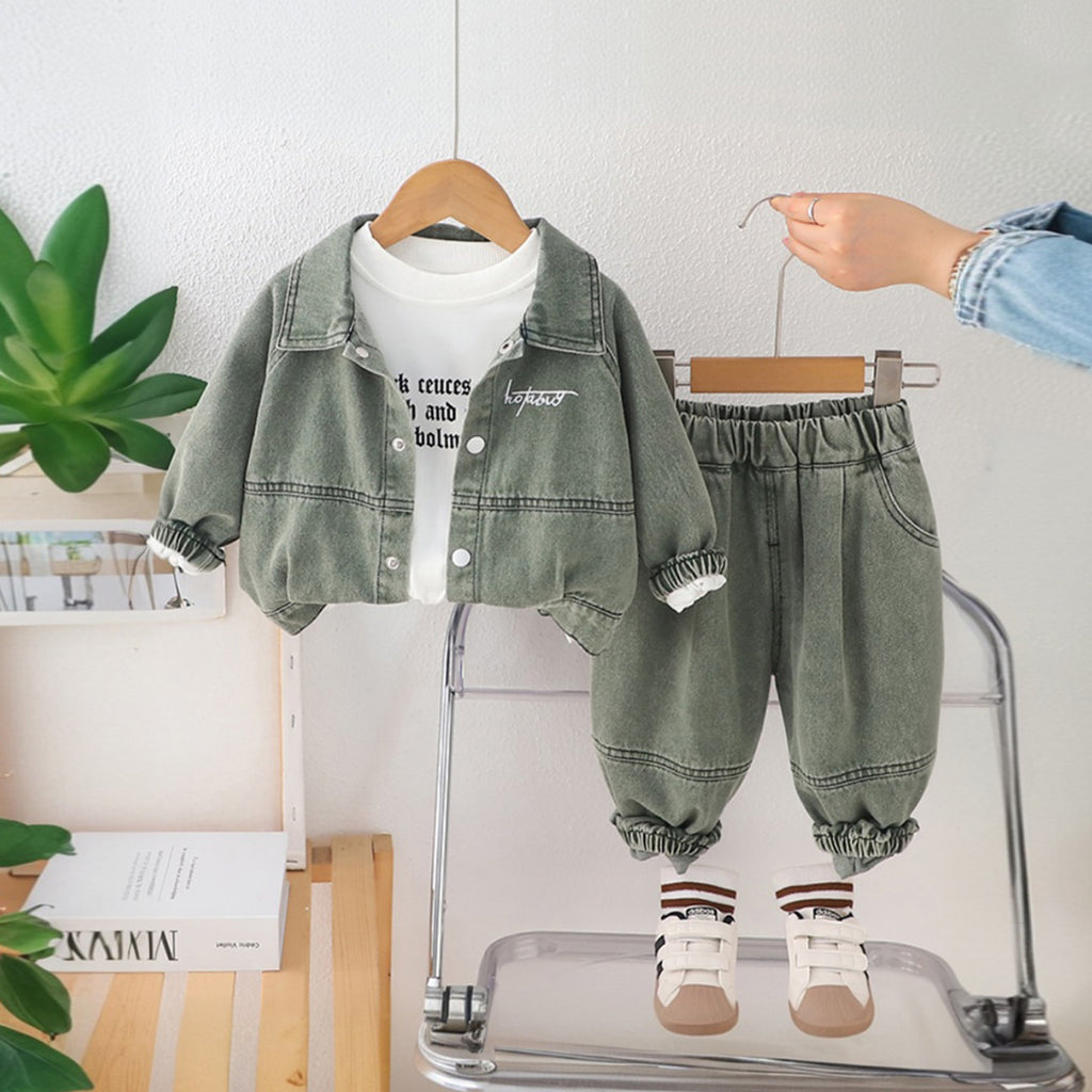 Boys Green Light Wash Shirt With T-Shirt And Denim Trouser Sets 3 pc. Sets Green 1-2 Y