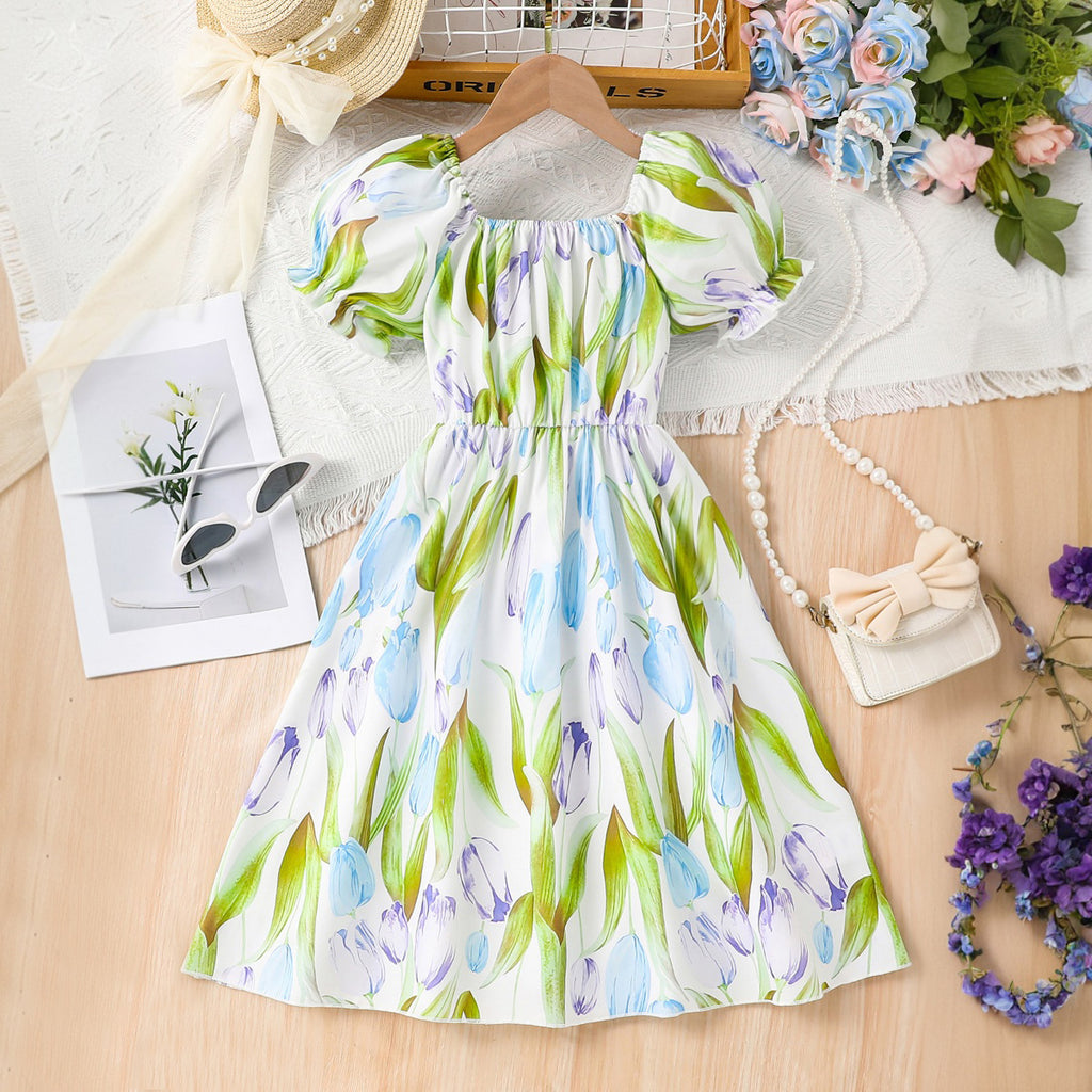 Girls White Floral Tulip Printed Puff Sleeves Fit And Flared Casual Dress Casual Dresses White 3-4 Y