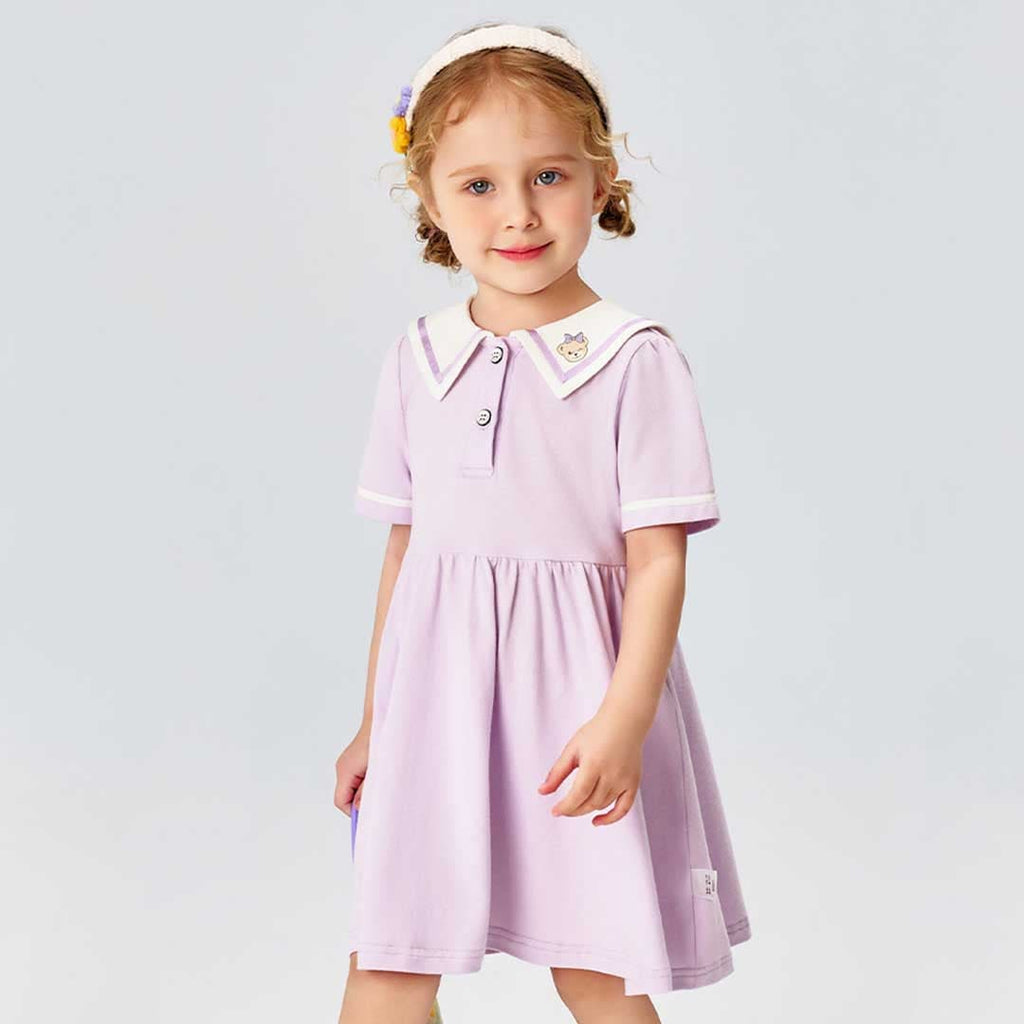 Girls Peter Pan Collar Short Sleeve Dress Casual Dresses Purple 1-2 Y 