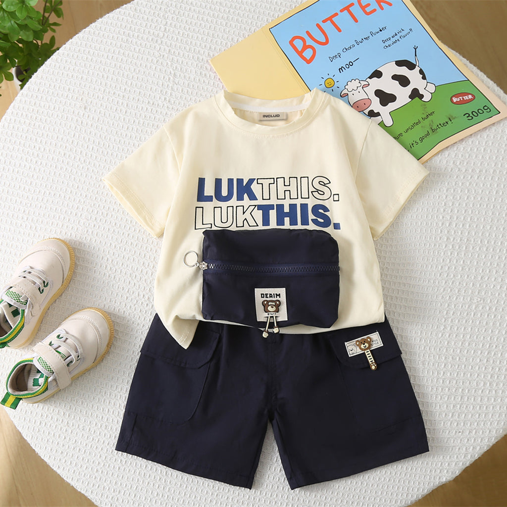 Boys Printed T-shirt with Attached Navy Blue Zipper Pouch & Shorts Set Sets Navy Blue 1-2 Y
