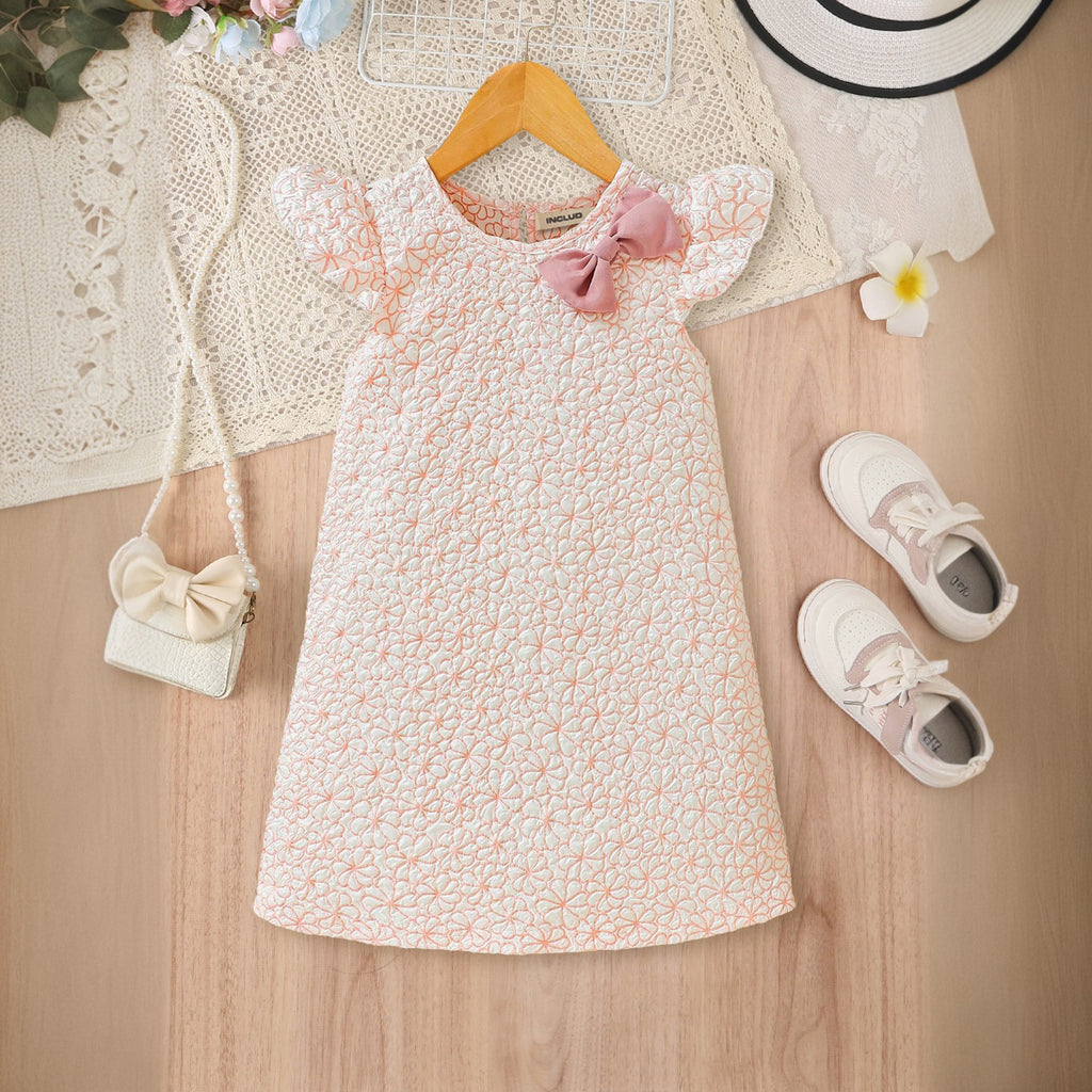 Girls Beige Floral Textured A -Line Dress Casual Dresses Beige 3-4 Y