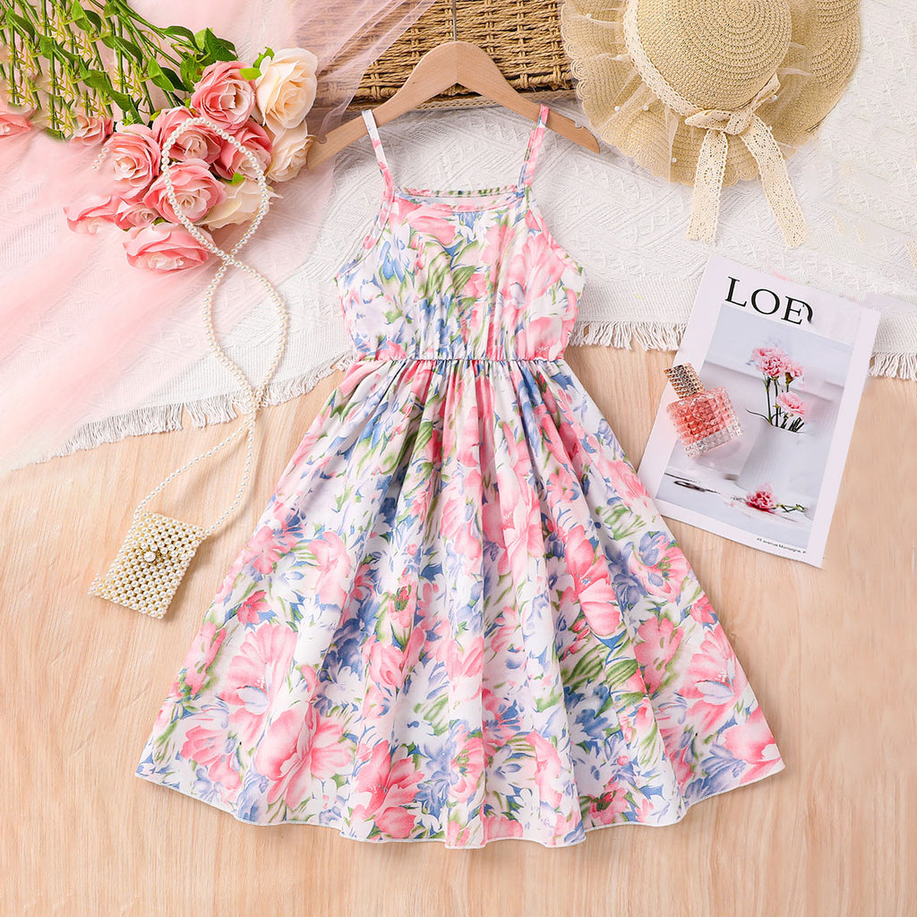 Girls Light Pink Floral Printed Summer Midi Sundress Casual Dresses Light Pink 3-4 Y