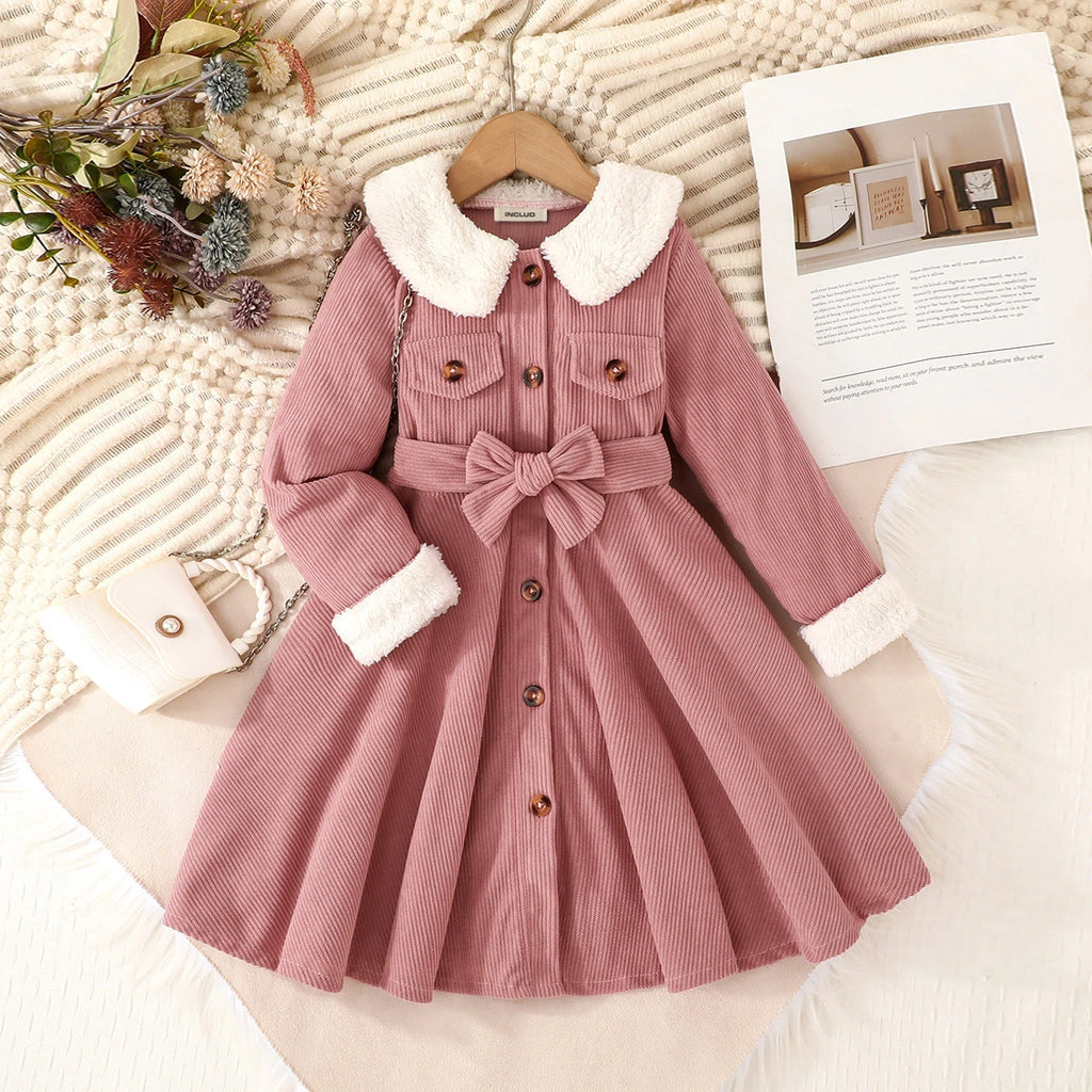 Girls Pink Corduroy Long Sleeves Button-up Fit & Flare Dress Casual Dresses Pink 3-4 Y