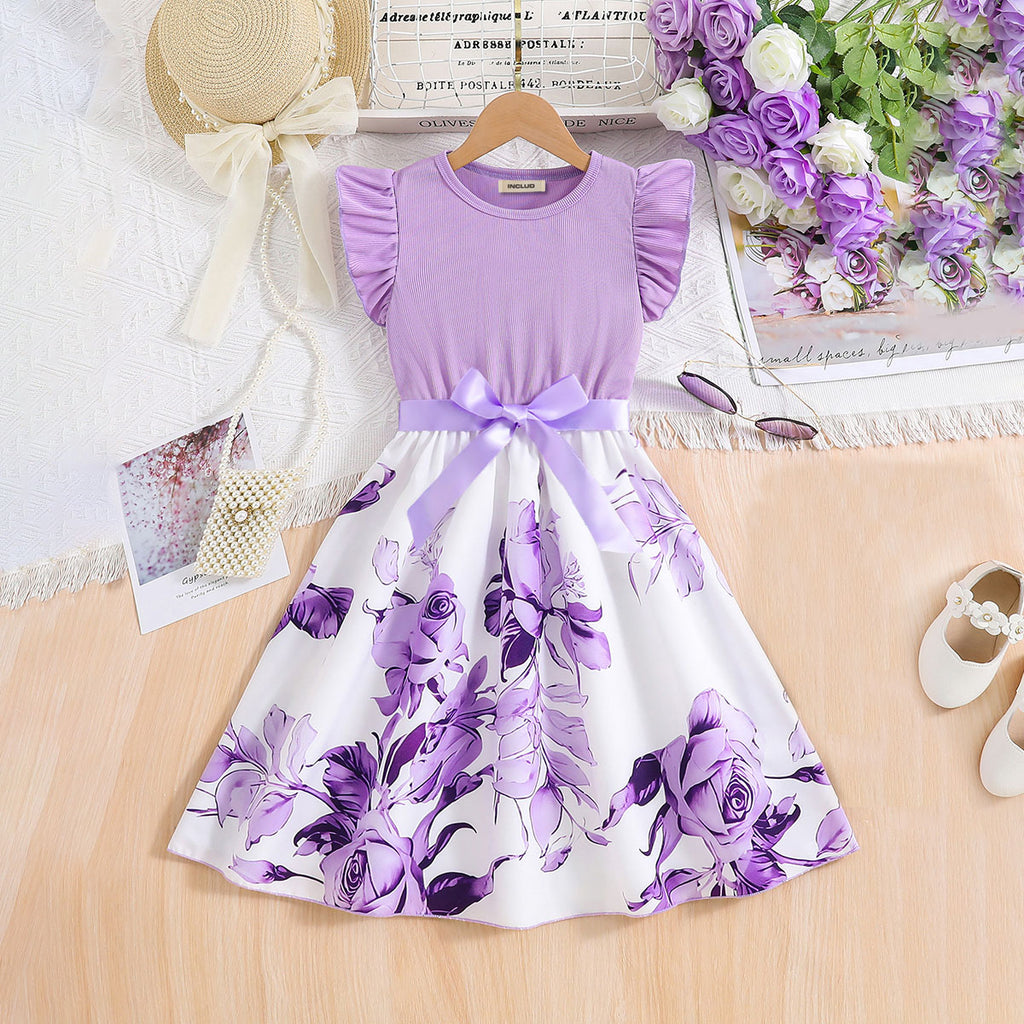 Girls Purple Rose Printed Flutter Sleeves Fit And Flared Midi Casual Dress Casual Dresses Purple 3-4 Y