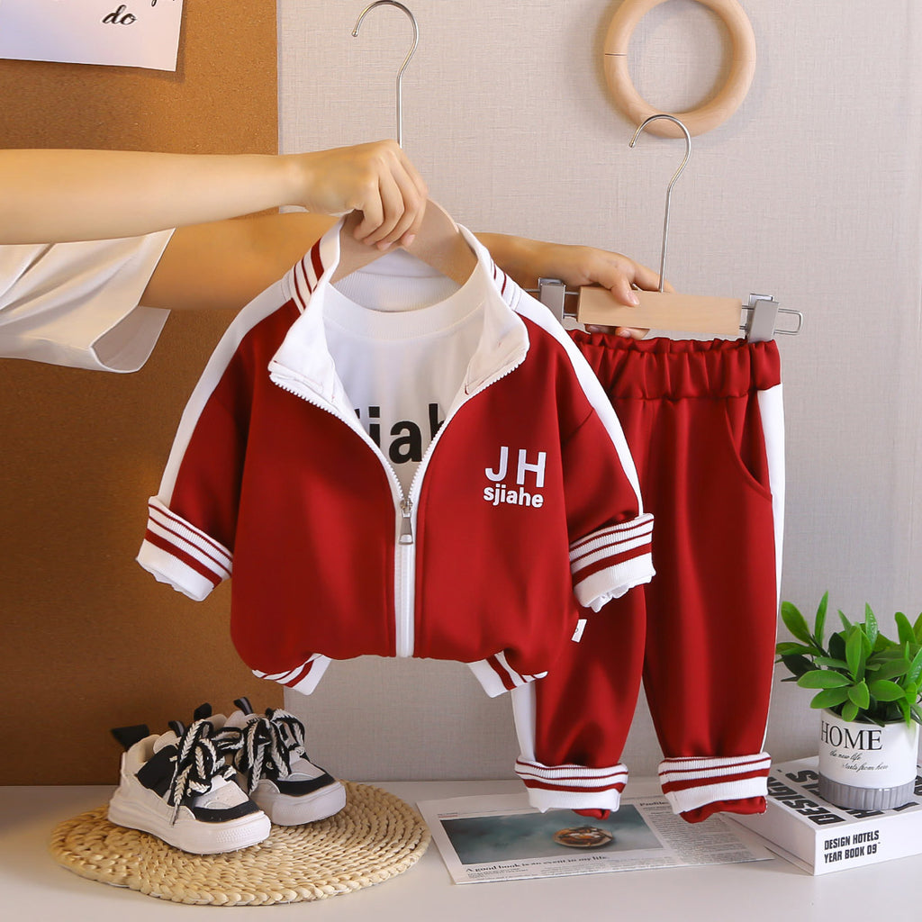 Boys Red Typographic Printed Zipper Jacket With T-Shirt & Joggers Set Sets Red 1-2 Y