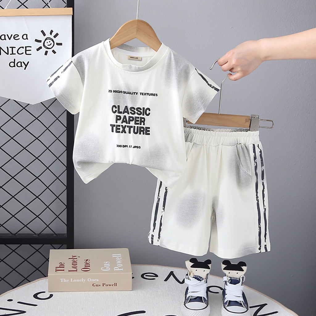 Boys White Typographic Printed Short Sleeves T-Shirt With Shorts Set 2 pc. Sets White 1-2 Y