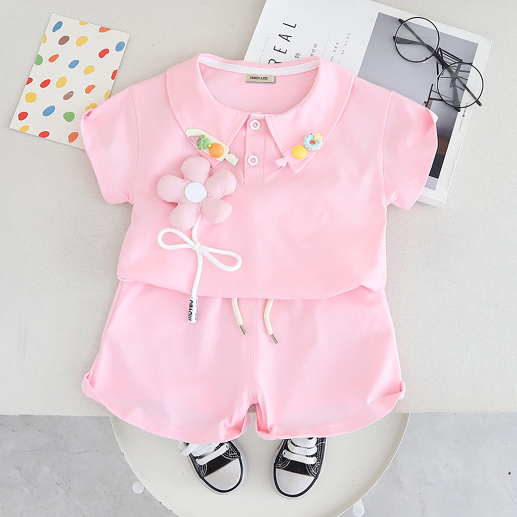 Girls Pink 3D Applique Polo T-shirt With Shorts And Hairclips Set 2 pc. Sets Pink 1-2 Y
