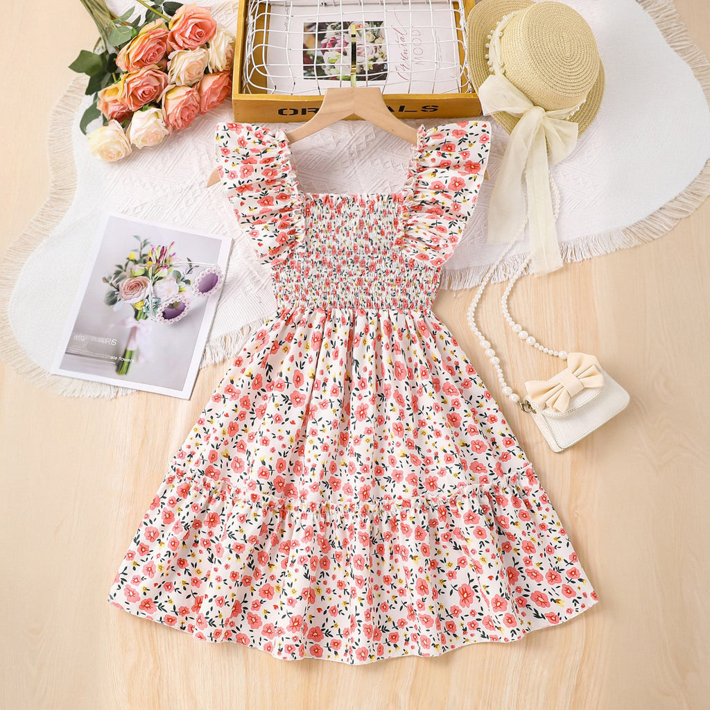 Girls Light Pink Flower Printed Square Neck Fit & Flare Smocked Dress Casual Dresses Light Pink 3-4 Y