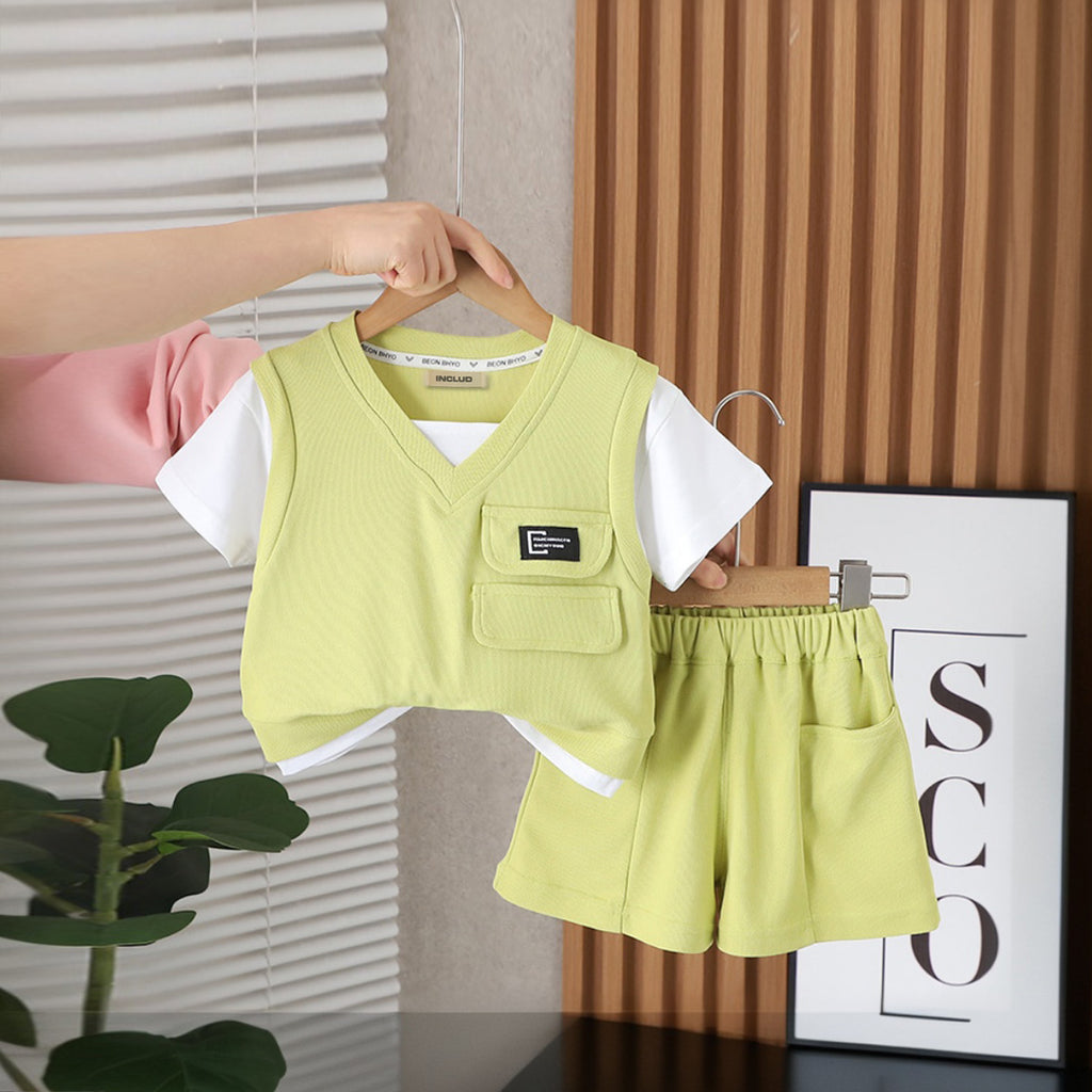 Boys Green V-Neck Short Sleeve T-Shirt With Shorts Set Sets Green 1-2 Y