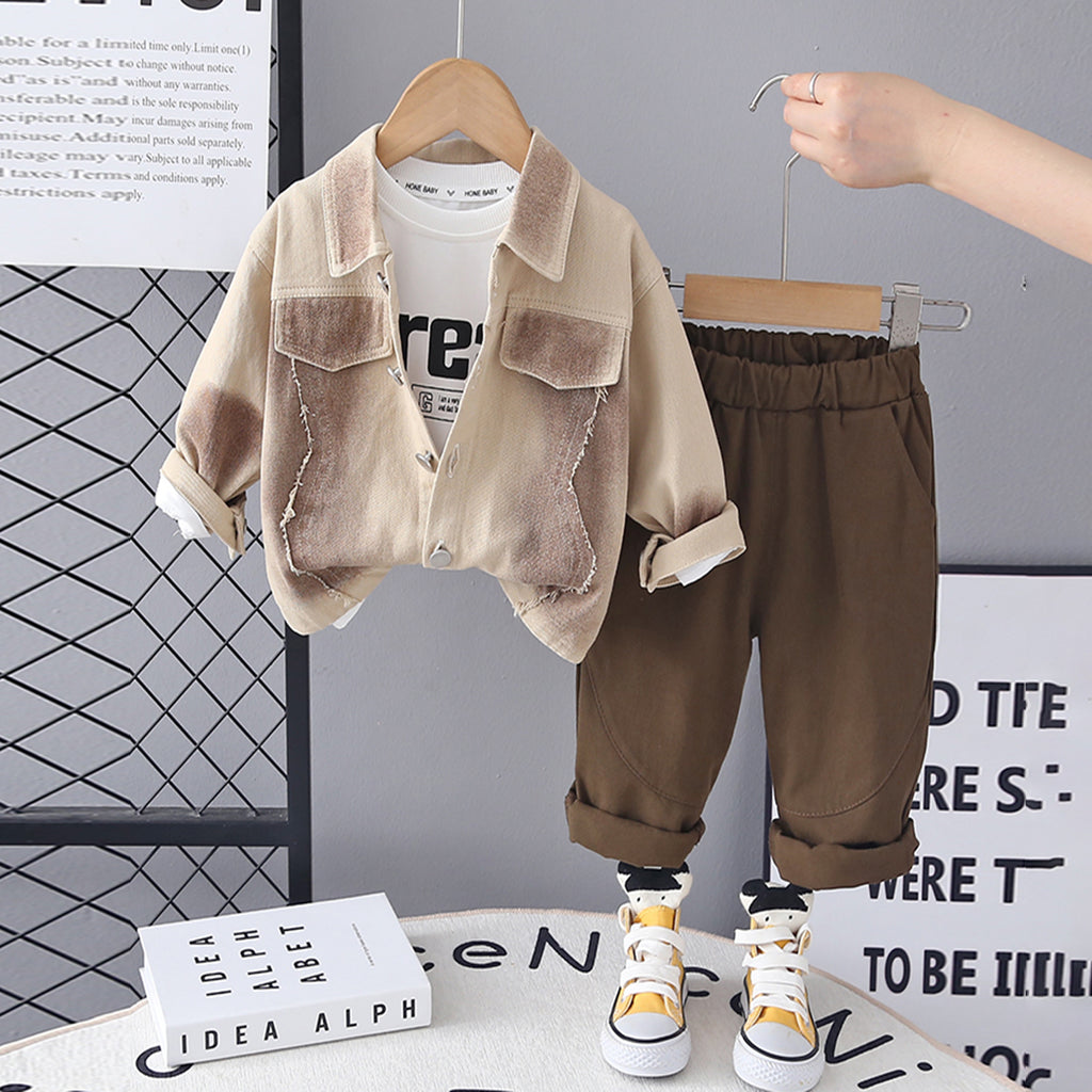Boys Khaki Solid Shacket With Printed T-Shirt & Pants Set Sets Khaki 1-2 Y