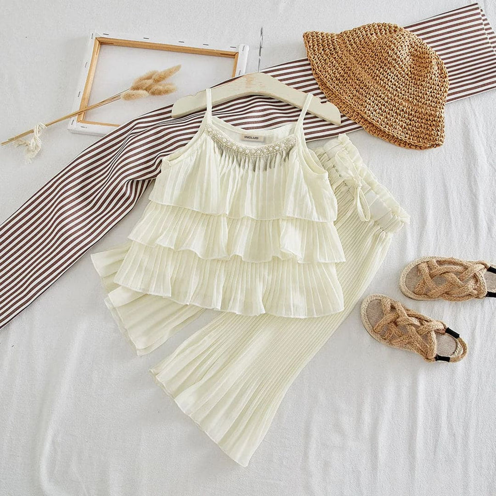 Girls Pleated Strappy Top with Trouser Sets Off White 1-2 Y 