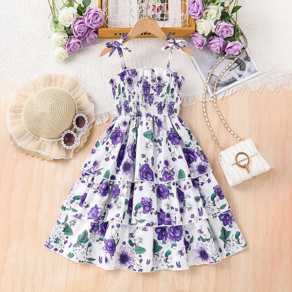 Girls Purple Rose Floral Printed Sleeveless Smocked Fit & Flare Dress Casual Dresses Purple 3-4 Y