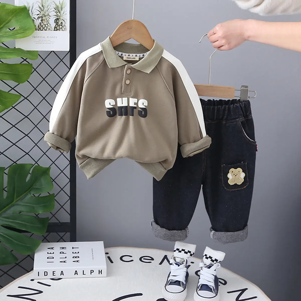 Boys Green Letters Printed Polo SweatShirt With Denim Pants Set Sets Green 1-2 Y