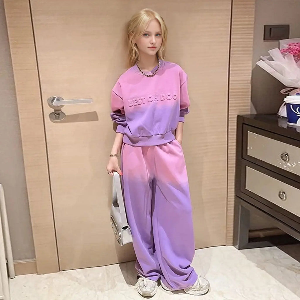 Girls Purple Ombre Printed Sweatshirt With Pants Winter Co-ord sets 2 pc. Sets