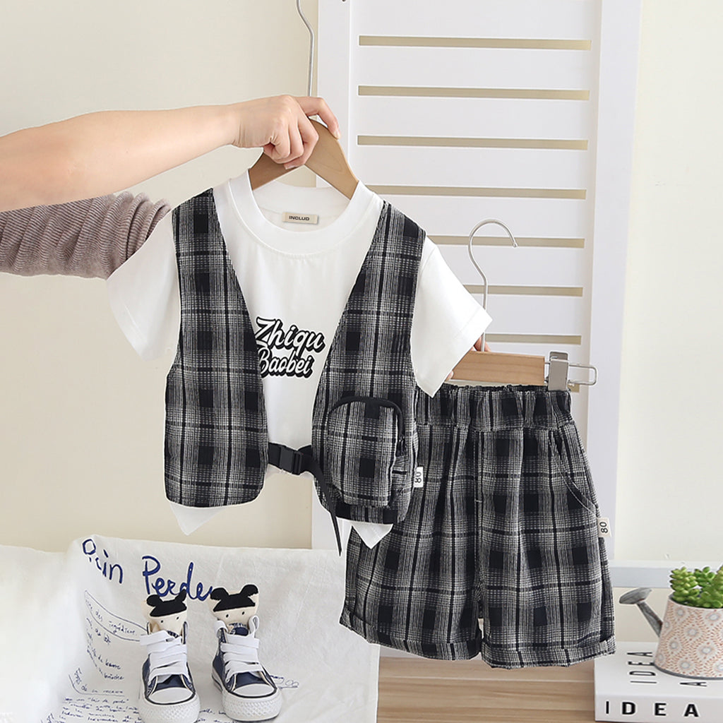Boys Black Checked Mock Waistcoat T-Shirt With Shorts Set 2 pc. Sets