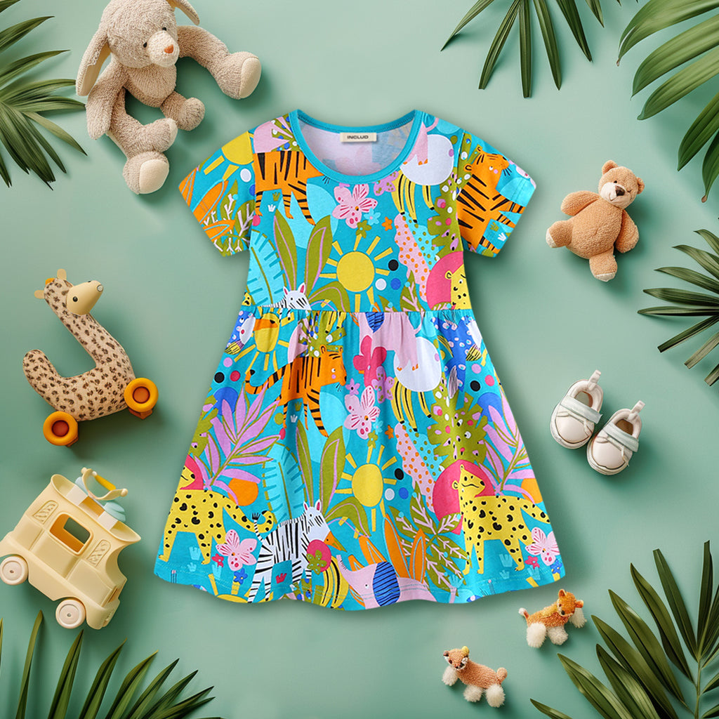 Girls Short Sleeve Leaf Print Fit & Flare Dress Casual Dresses Multicolor 1-2 Y 