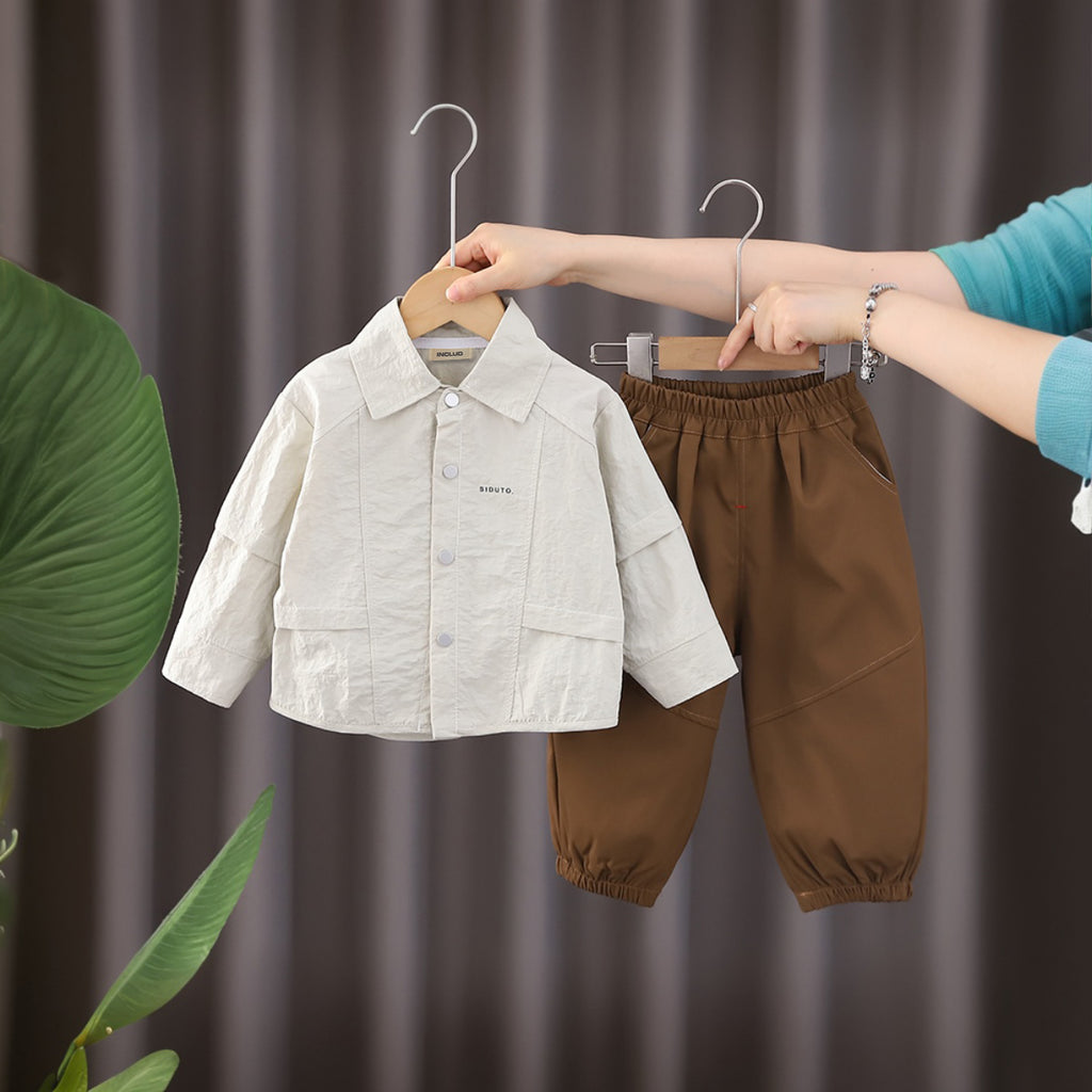 Boys Beige Solid Long Sleeves Shirt With Pant Set 2 pc. Sets Beige 1-2 Y