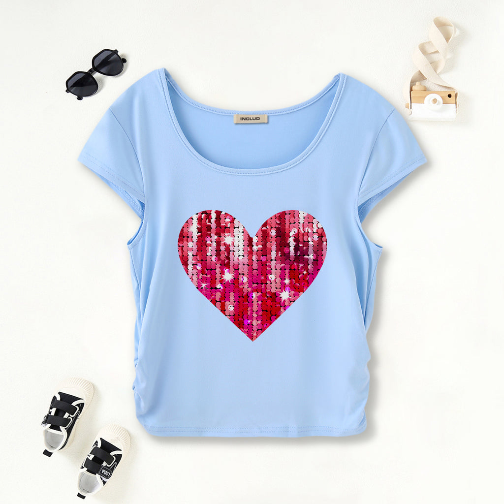 Girls Light Blue Heart Sequence Short Sleeves Scoop Neck T-Shirt Tshirts Light Blue 7-8 Y