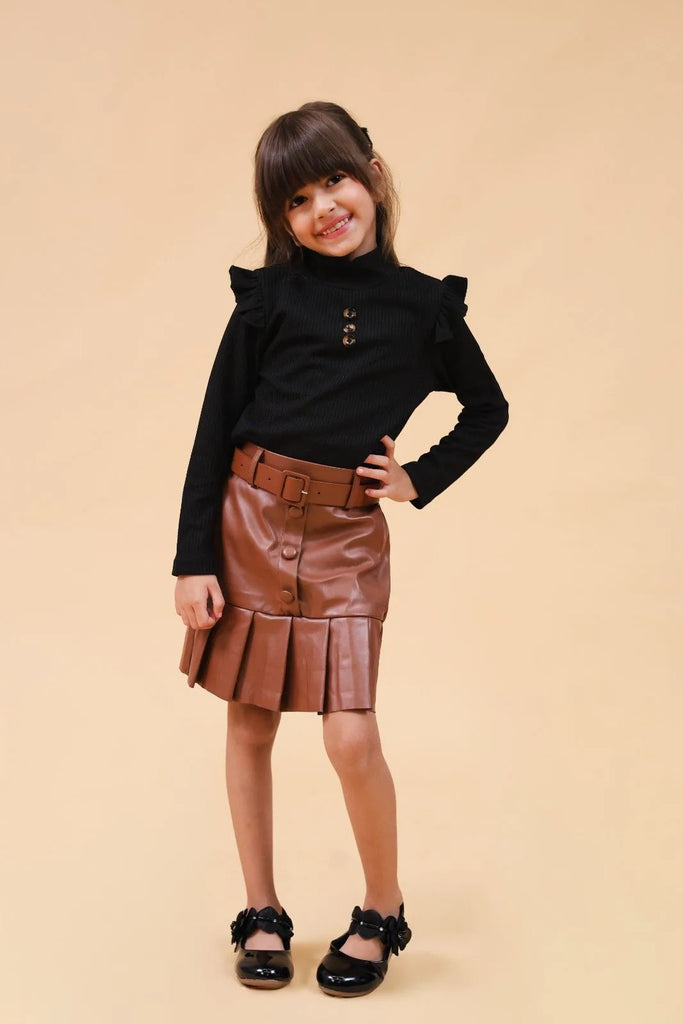 Girls Brown High Neck Top With Faux Leather Skirt Set Sets Brown 1-2 Y