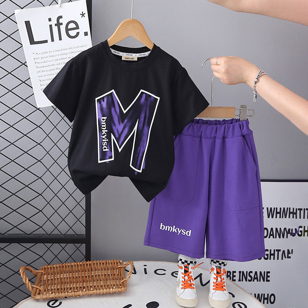 Boys Black Typographic Printed Short Sleeves T-Shirt With Purple Shorts Set 2 pc. Sets Black 2-3 Y