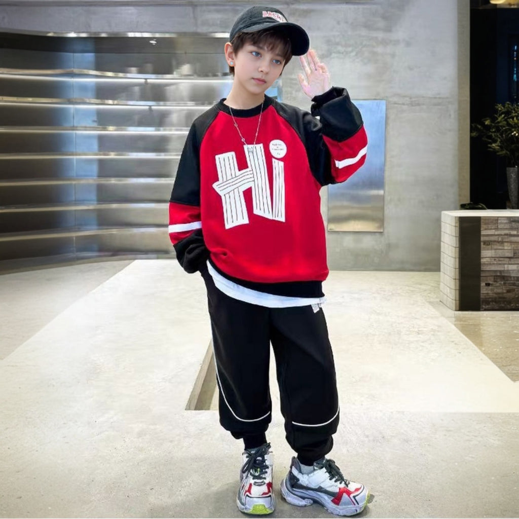 Boys Red Hi Printed Winter Sweatshirt With Jogger Set 2 pc. Sets Red 5-6 Y