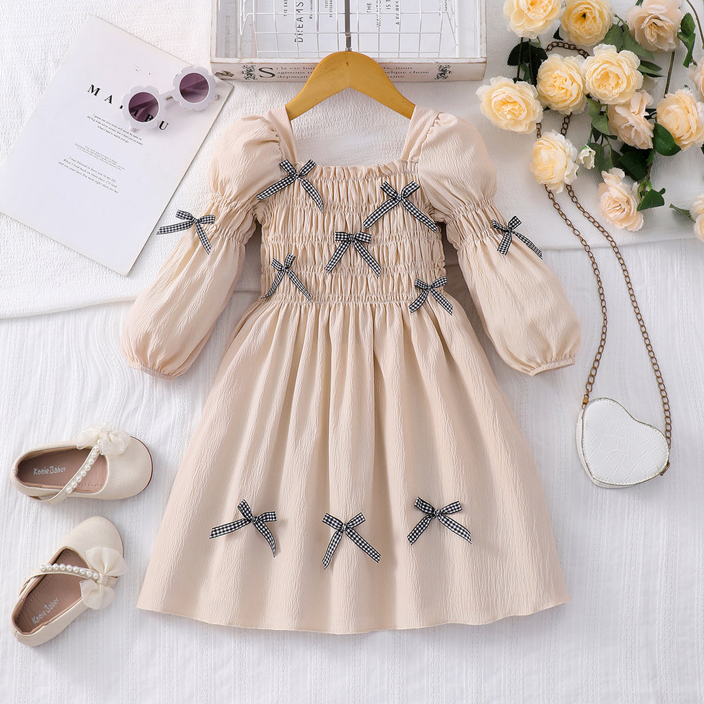 Girls Apricot Textured Bows Detailed Fit & Flare Winter Casual Dress Casual Dresses Apricot 3-4 Y