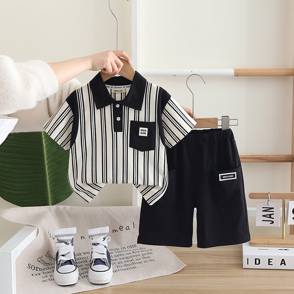 Boys Black Striped Contrast Collared Polo T-Shirt With Shorts Set 2 pc. Sets Black 1-2 Y