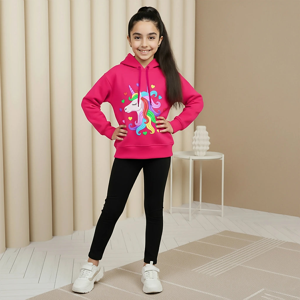 Girls Fuchsia Unicorn Heart Graphics Hooded Sweatshirt Sweatshirts & Hoodies Fuchsia 1-2 Y