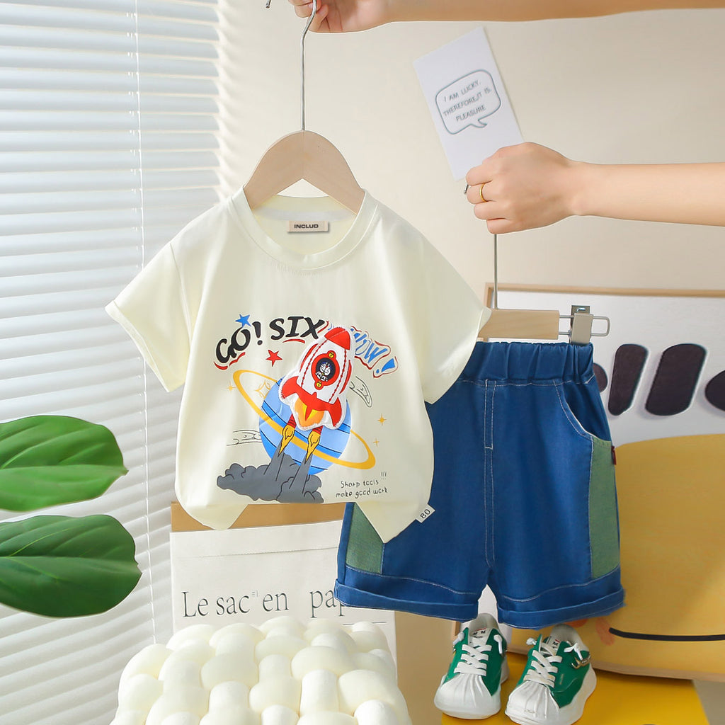 Boys Off White Rocket Printed Short Sleeves T-Shirt With Denim Shorts Set 2 pc. Sets Off White 1-2 Y