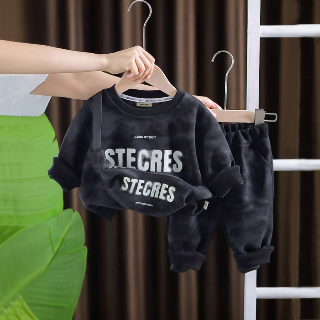 Boys Black Printed Long Sleeve Sweatshirt With Pants And Bag Sets 3 pc. Sets Black 1-2 Y