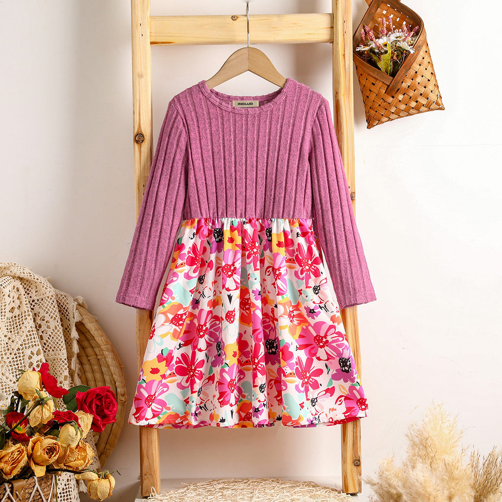 Girls Pink Floral Printed Fit & Flare Winter Casual Dress Casual Dresses Pink 1-2 Y